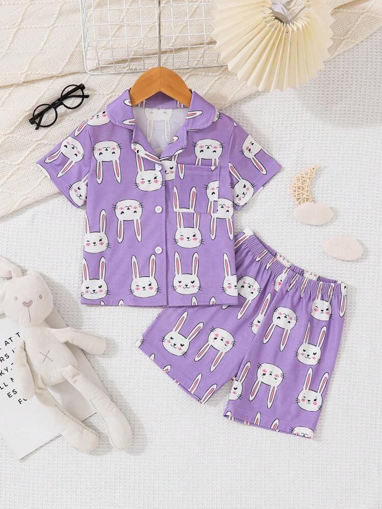 Young Girl Purple Short Sleeve Top With Bunny Print And Shorts Casual Pajama Set