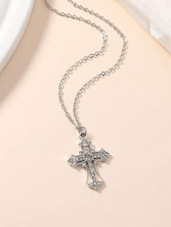 1pc Creative Design Hollow Out Cross Pendant Necklace Studded With Rhinestones