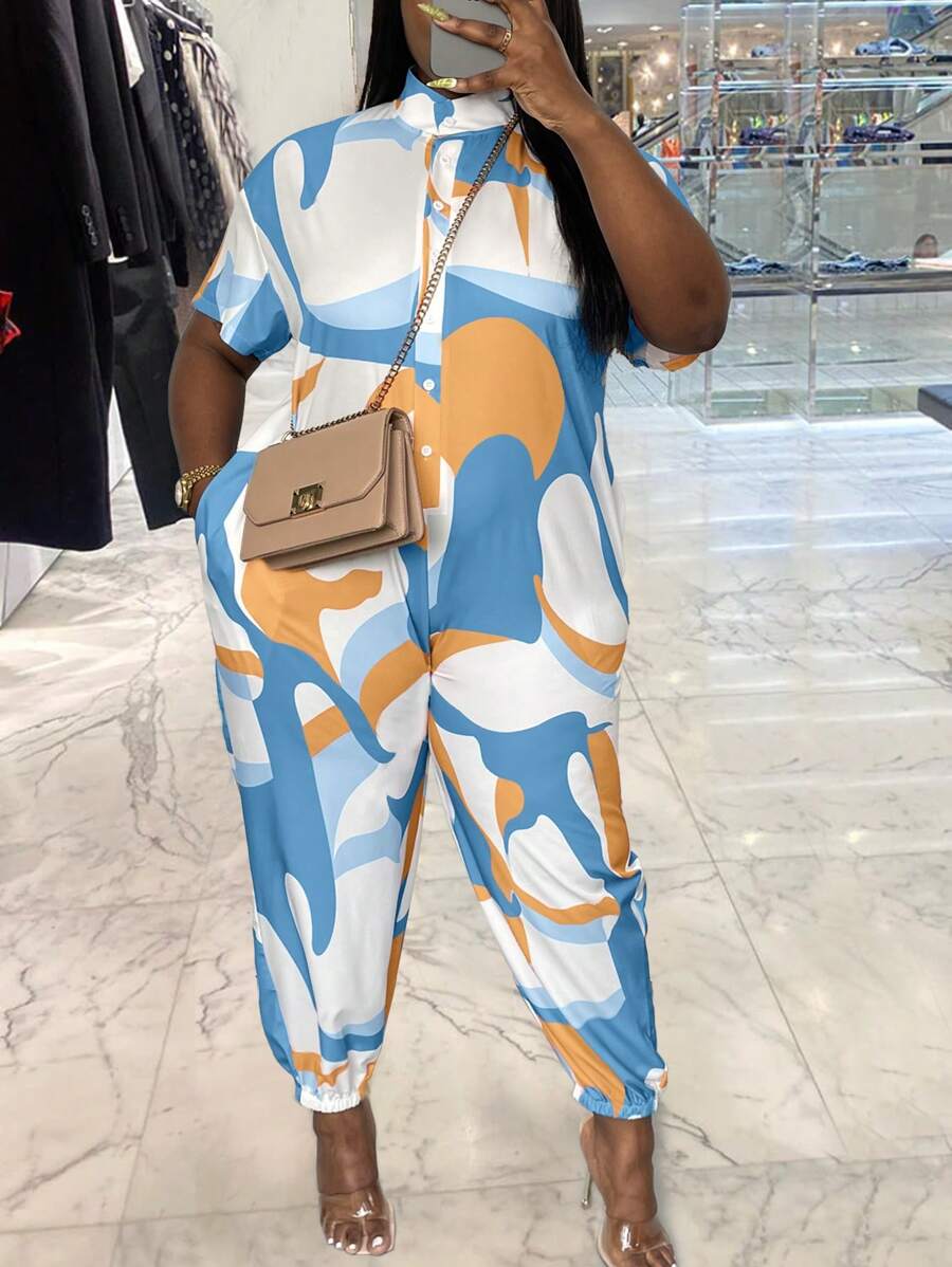 SHEIN LUNE 大码女式时尚不对称印花立领连体裤，适合夏季 - 彩色 - 查看 1