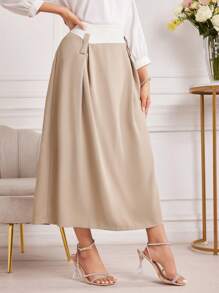 Modelyn 女式春夏時尚色塊褶裙連腰帶 - 卡其色 - 查看 6