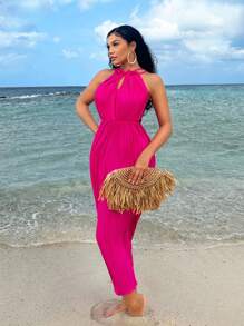 SHEIN SXY Pleated Fabric Halter Backless Cross Strap Sleeveless Dress - Hot Pink - View 5