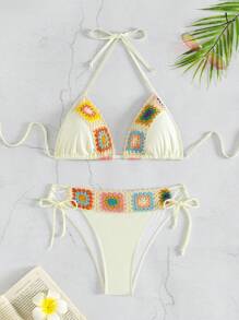 Breezaya 女士夏季沙灘花卉印花頸掛式比基尼套裝，適合度假 - 米色 - 查看 7