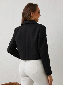 女士休闲短款红色夹克，带前口袋，女士优雅西装外套 - 黑色 - 查看 3