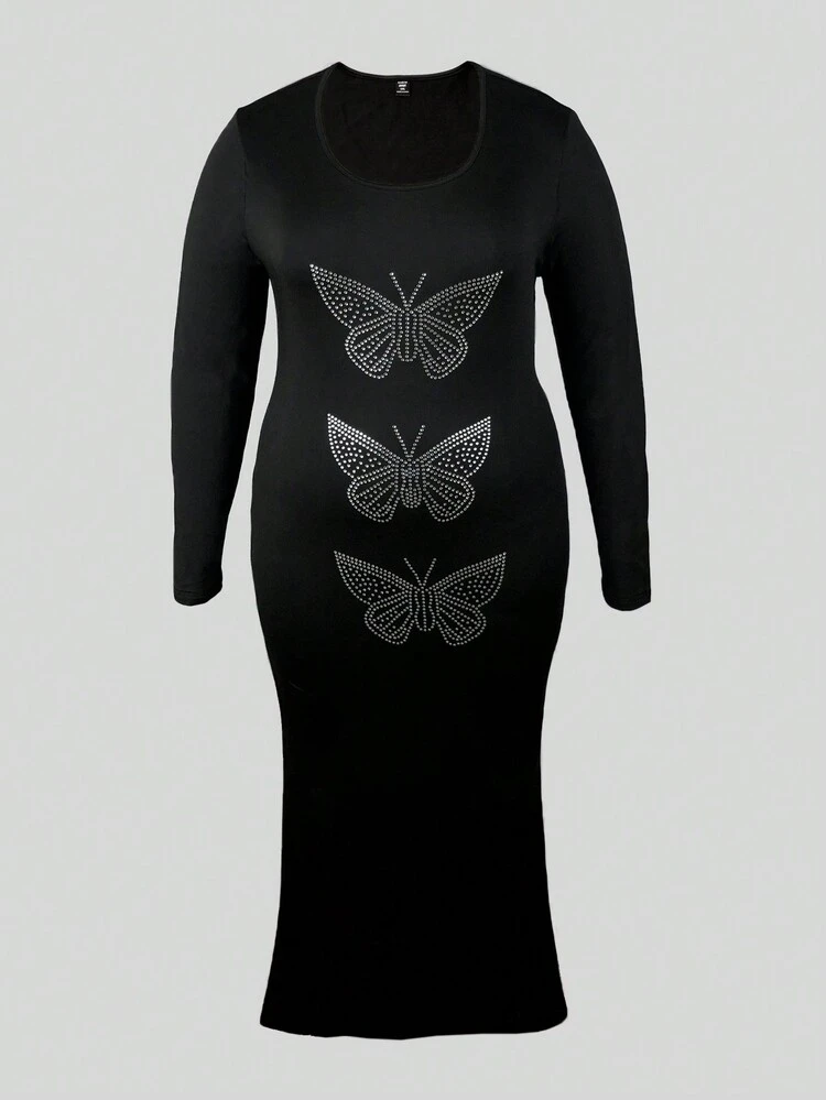 Plus Size Butterfly Pattern Long Sleeve Dress Fall Cloth For Women