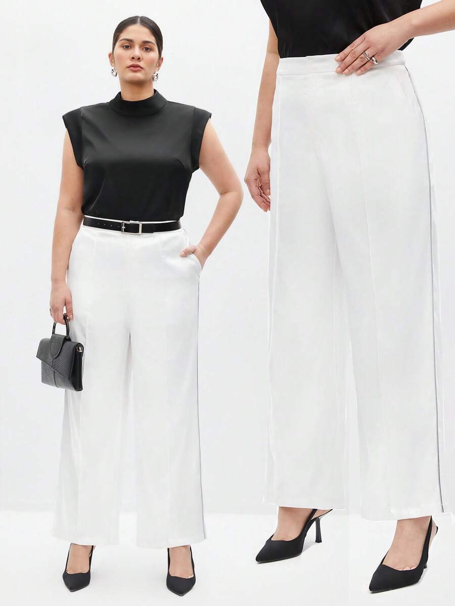BizChic Pantalones De Talla Grande De Color Sólido Para Mujer Con Bolsillos De Corte Recto - Blanco - Ver 1