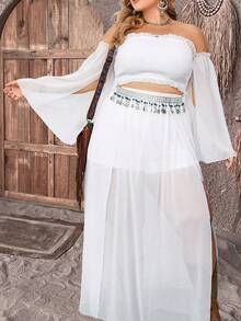 SHEIN Clasi 大码女式夏季度假风荷叶边露肩喇叭袖短款上衣和半裙套装 - 白色 - 查看 3