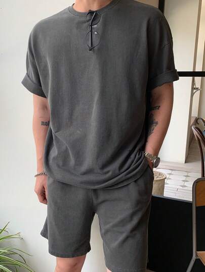DAZY 男士夏季纯色短袖上衣和短裤两件套，舒适服装