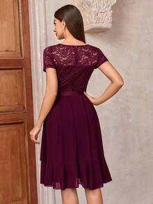 MIUSOL Contrast Floral Lace Chiffon Insert Ruffle Trim Cocktail Party A-Line Dress