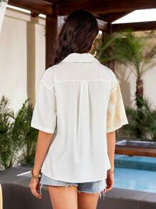 GENKIRA Ladies Gradient Color Random Print Patchwork Pocket Short Sleeves Shirt - Multicolor - View 2