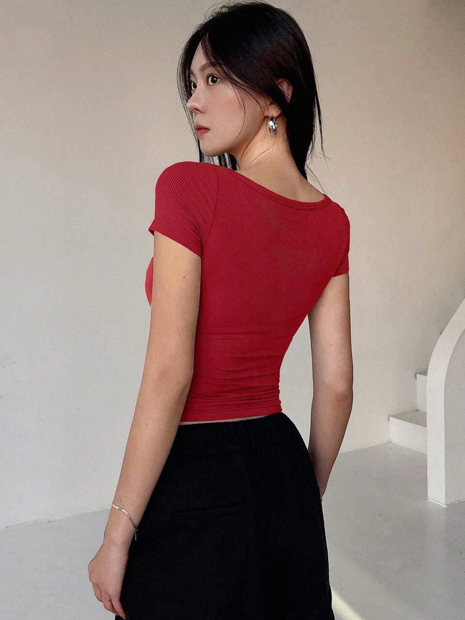 Women Summer Sweetheart Neck Button Decorated Short Sleeve Rib-Knit T-Shirt Preppy Tops Cute Tops Going Out Tops