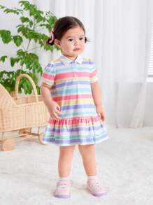 SHEIN Baby Girls' Leisure Knitted Striped Short Sleeved Polo Collar Dress - White - View 6