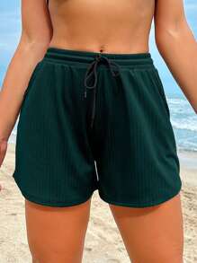 SHEIN Swim 女性夏季海灘束口腰比基尼短褲游泳下身 - 墨綠色 - 查看 4