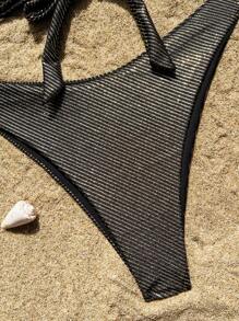 SHEIN Swim 夏季海灘環細節頸掛比基尼套裝兩件套 - 黑色 - 查看 3