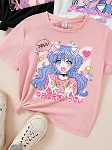 SHEIN ModeFlare Wear Tween Girl 3 件套简约卡通图案 T 恤，非常适合夏季 - 彩色 - 查看 3