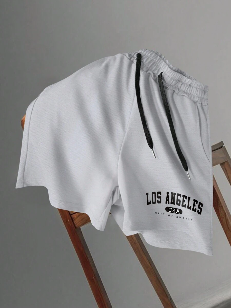 Manfinity Roghcode Quần short chạy bộ rút dây in họa tiết Los Angeles dành cho nam - Màu Xám nhạt - Xem 1