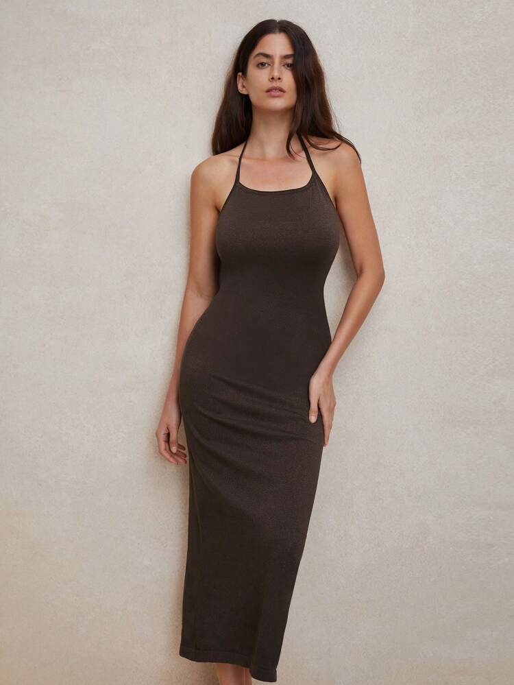 Women Summer Fashion Solid Color High-End Feeling Halter Neck Tight-Fitting Hip Package Dress Maxi Women Outfit