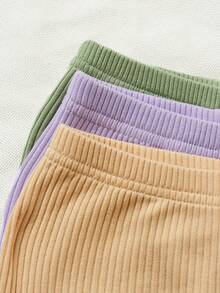 SHEIN Đứa bé gái Giải trí Dệt kim Màu thuần Dây Không lưng Top Cây trồng Và Chặt Bộ quần short - Màu tím - Xem 3