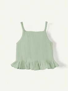 Cozy Pixies 女婴休闲花卉印花荷叶边背心，适合春夏季 - 綠色 - 查看 2