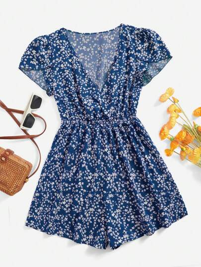 SHEIN VCAY Women Floral Print High Waist Short Petal Sleeve Jumpsuit For Summer