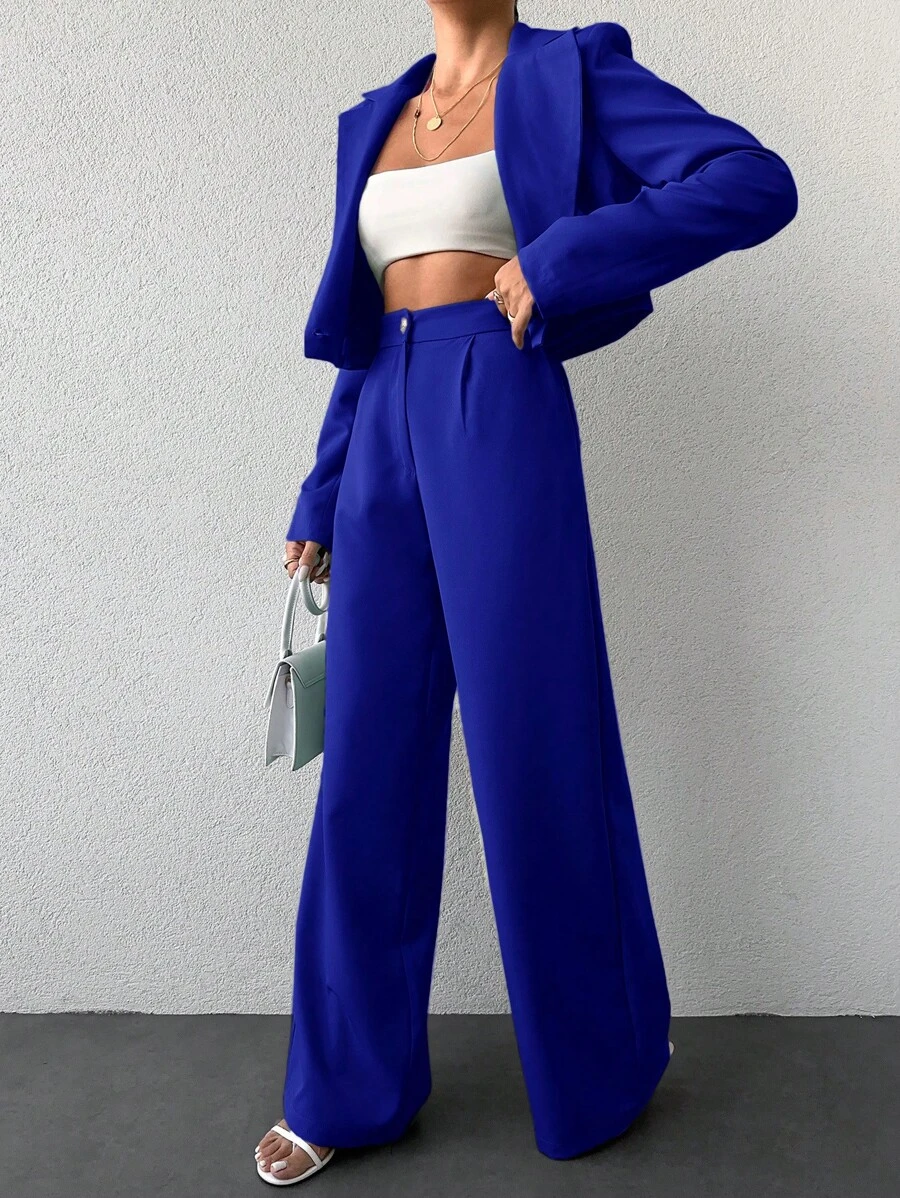 EURMUSE Women Solid Color Long Sleeve Suit Jacket And Pants, Suitable For Spring And Summer - Royal Blue - View 1