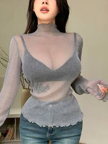DAZY Women Spring / Summer Sexy See-Through Long Sleeve T-Shirt - Grey - View 6