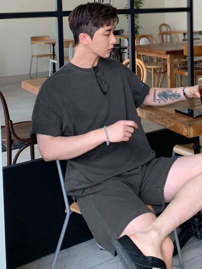 DAZY 男士夏季纯色短袖上衣和短裤两件套，舒适服装