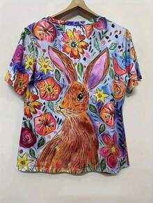 SHEIN LUNE Kích thước lớn Hoạt hình Thỏ Và Hoa In Ngắn tay Mùa hè Áo thun - Nhiều màu - Xem 2