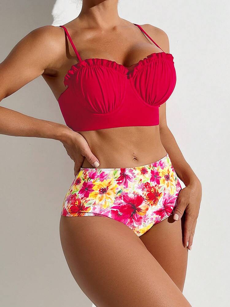 Women Swim Suit Set Plain Color Bra And Floral Print Bikini Underwear, For Summer, Beach, Swimming Pool