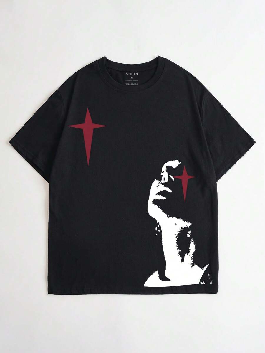 Manfinity Dauomo Men\ Summer Sports Leisure Short Sleeve T-Shirt With Portrait Print - Black - View 1