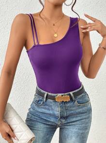 Firerie Dames asymmetrische schouder effen kleur strakke top - Paars - Bekijken 6