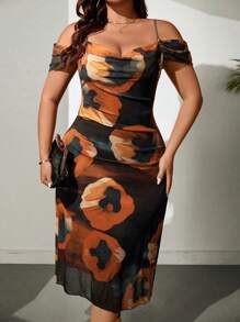 Flirla Kích thước lớn NỮ Mùa hè Hoa Off-shoulder Váy lúc lắc Với Dài - trái cam - Xem 4