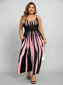 SHEIN Lady Plus Size Women Summer Fashion Pionowe Paski i Kwiatowy Nadruk Sukienka Spaghetti Strap