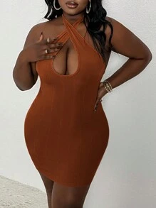 Slaydiva Cross Halter Neck Plus Size Bodycon Dress With Tied Straps