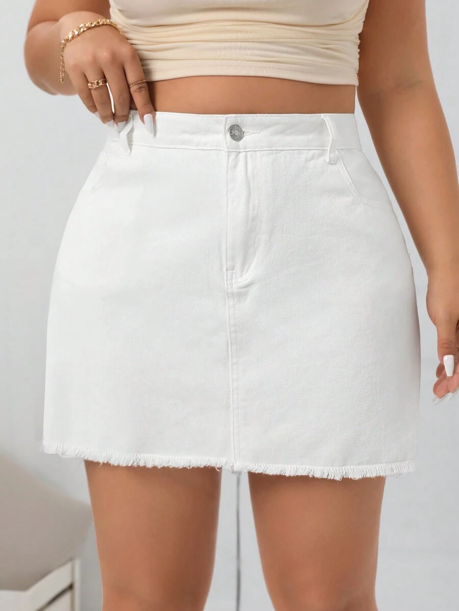 SHEIN Essnce 大尺碼夏季純色開邊牛仔裙 - 白色 - 查看 1