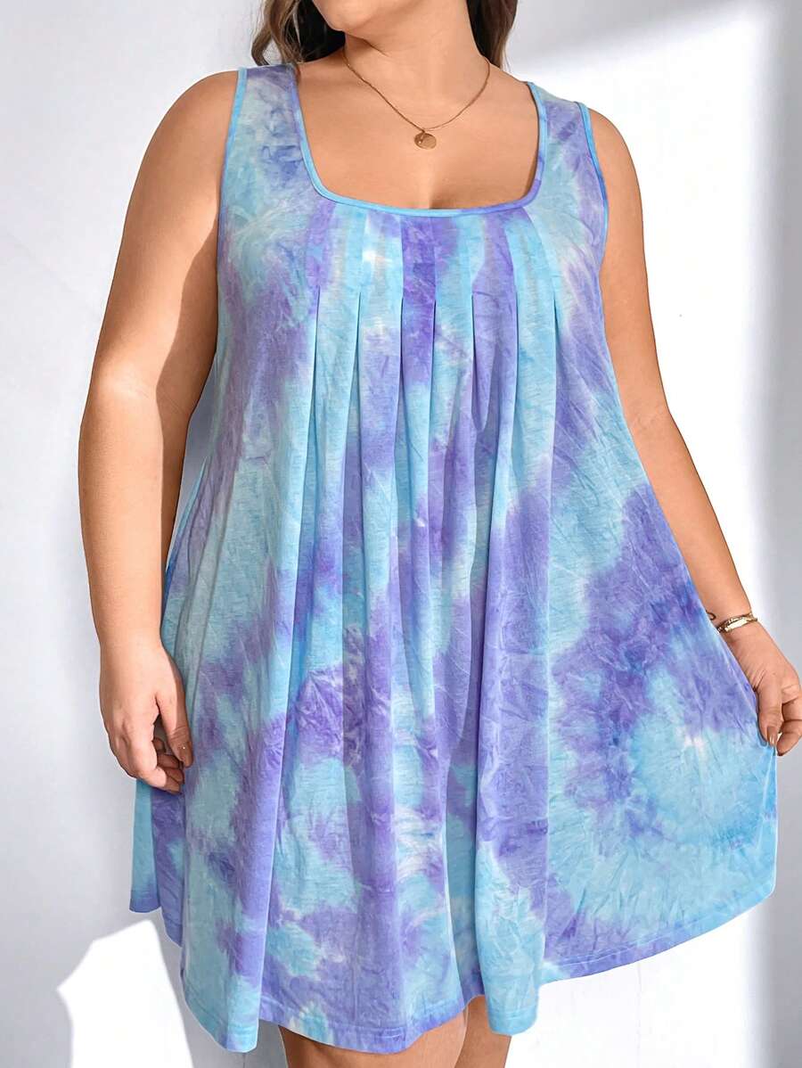 SHEIN CURVE+ Plus Size Tie-Dyed Folded-Neckline Pleated Dress - Dusty Blue - View 1