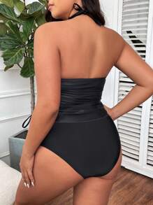 SHEIN Swim Curve Plus Size Summer Beach American Flag Print Halter Neck Tankini Set - Black - View 2