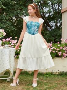 Teenage Girls Elegant Solid Color Printed Splicing Dress Suitable For Spring - Multicolor - View 5