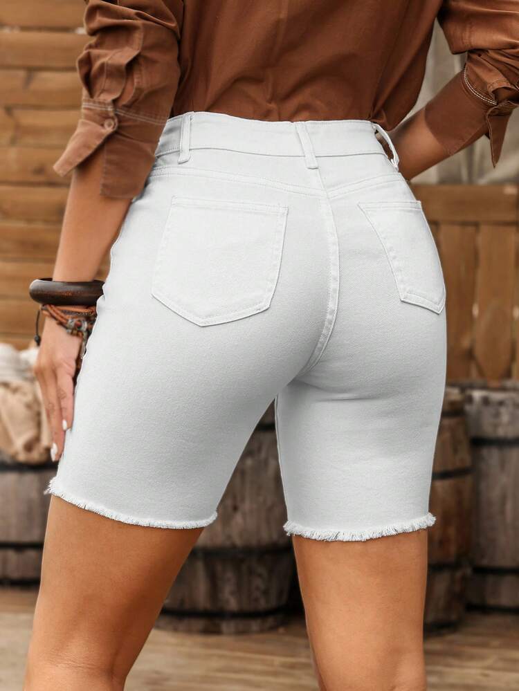 Women Solid Color Button Fly Raw Hem Skinny Denim Shorts Western Cowboy Woman Attire