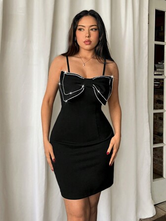 SHEIN Privé Women Sparkly Black Tank Dress With Large Bow And Rhinestones