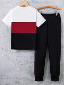 SHEIN Tween Boy 2pcs Color Block Round Neck Short Sleeve T-Shirt With Letter Print And Jogger Pants, School, Campus, College