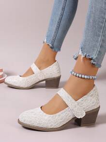 Khaki & Bright Pink Random Asymmetric Mesh Fabric High Heel Shoes For Teen Girls, Round Toe Design - Khaki - View 1