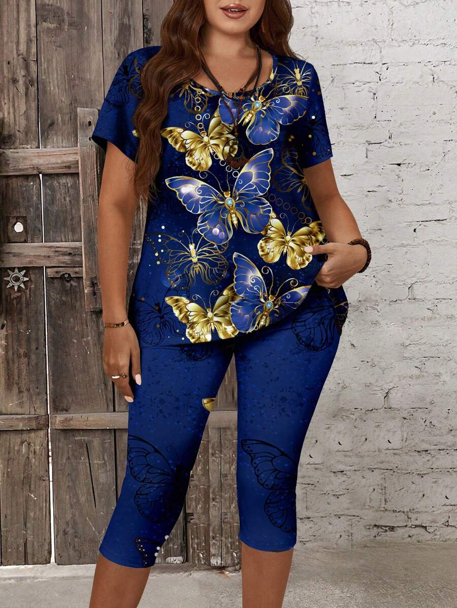 EMERY ROSE Ensemble 2 pièces Top à manches courtes col rond imprimé papillon et pantalon capri d'été décontracté pour femmes grande taille
