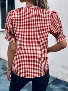 SHEIN LUNE Women Gingham Print Notch Collar Puff Sleeve Blouse - Red - View 2
