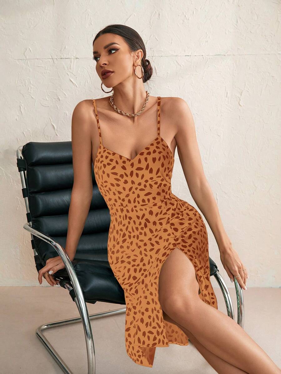 GENKIRA 全印花高衩無背系帶夏季背心裙 - 棕色 - 查看 1