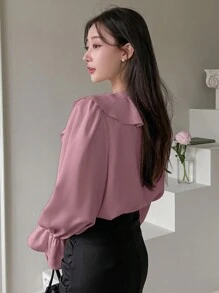 DAZY Solid Color Elegant Long-Sleeved Shirt With V-Neck And Ruffle Details