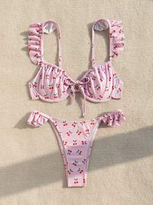Swim Mod Summer Beach Women Vacation Cherry Print Spliced Ruffle Hem Bikini Set - Pink - View 7