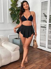 Swim Vcay Plus Size Women Summer Beach Solid Color Bikini Bottom With Ruffled Hem - Black - View 4