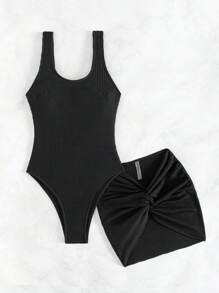 SHEIN Swim Traje De Baño De Una Pieza Sin Mangas, Corte Entallado, De Punto Acanalado De Summer Beach Y Falda Anudada