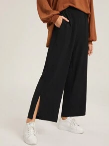 SHEIN EZwear Split Hem Wide Leg Pants - Black - View 1