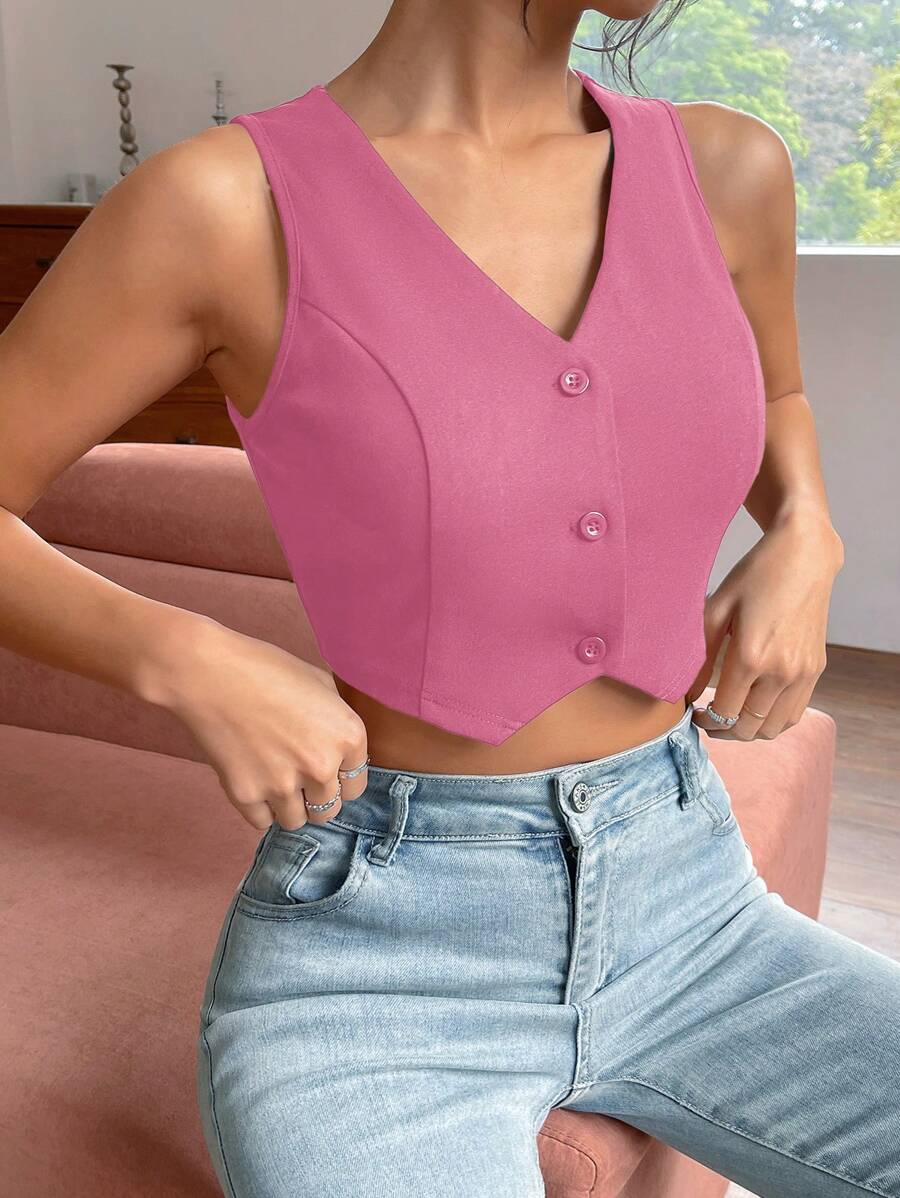 SHEIN EZwear Blazer sin mangas de moda para mujer en otoño/invierno - Rosa Fucsia - Ver 1